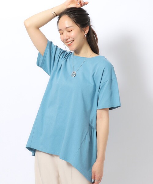 DRESKIP(ドレスキップ)の「◆【体型カバー/UV】アウトで決まる ペプラムTシャツ(Tシャツ/カットソー・レディース・カーキ/ブラック/ホワイト系5/ブルー/オフホワイト・03/02/04)」の1枚目の写真