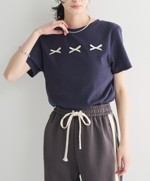 MERLOT(メルロー)の「コットン混クロップドリボンT(Tシャツ/カットソー・レディース・ライトグレー/ネイビー・FREE)」の9枚目の写真