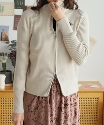ダブルジップワンポイント刺繍リブニットカーディガン