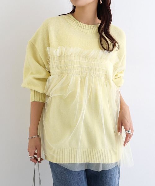 TulleドッキングKnitビスチェキャミ セール】パール付き/ラメチュールニットビスチェキャミソール