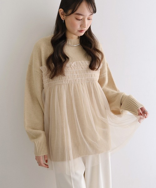 セール】【新色追加】チュールドッキングビスチェ風ニットトップス