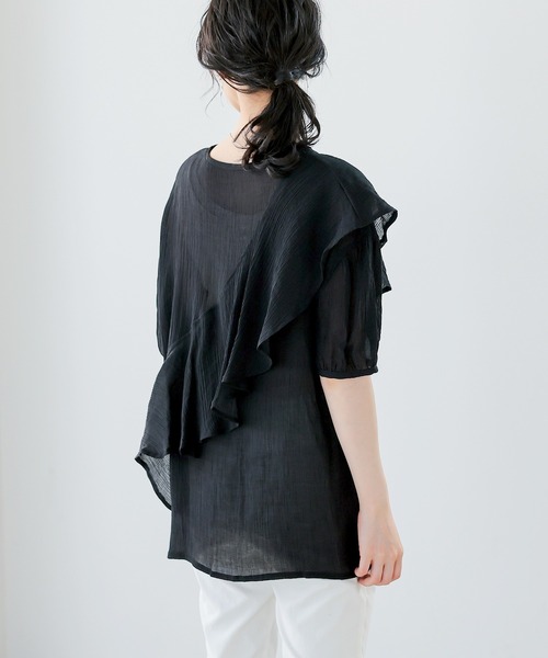 【NAOさま】シェリエ＊ステッチフリルトップス＊ブラック＊ドット NAOさま】シェリエ＊ステッチフリルトップス＊ブラック＊ドット