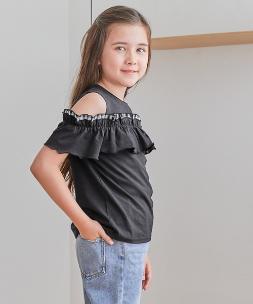 coca（coca）（コカ）の「【WEB限定セール】キッズ 肩開きギンガムフリルTシャツ（Tシャツ/カットソー・キッズ・ホワイト/ブラック・150/140/130/120）」の10枚目の写真