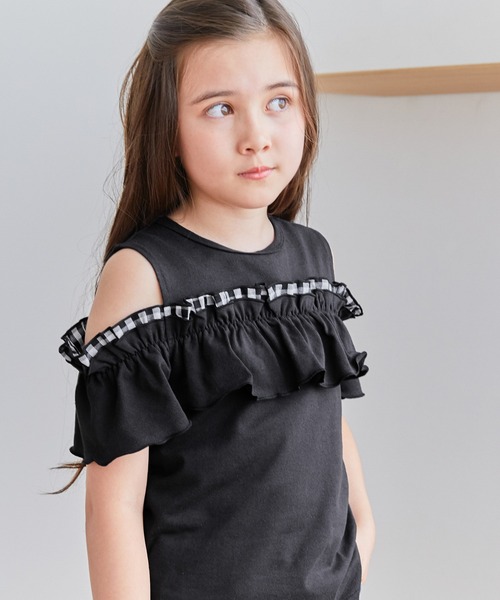 coca（coca）（コカ）の「【WEB限定セール】キッズ 肩開きギンガムフリルTシャツ（Tシャツ/カットソー・キッズ・ホワイト/ブラック・150/140/130/120）」の12枚目の写真