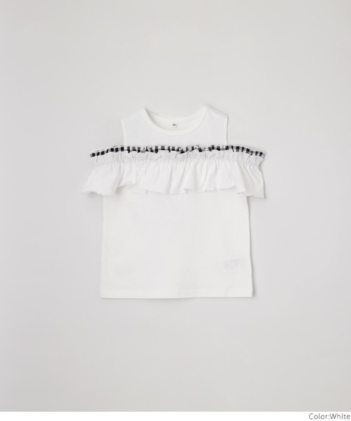 【関税込み】Coperni ホワイト フリル ロゴ ボクシー Tシャツ キッズ 肩開きギンガムフリルTシャツ（Tシャツ/カットソー