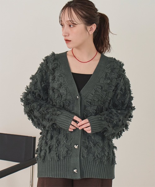 miette(ミエット)の「Vネックフリンジニットカーディガン(カーディガン/ボレロ・レディース・ライトグレー/チャコール/マスタード・FREE)」の3枚目の写真