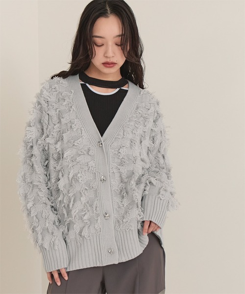 miette(ミエット)の「Vネックフリンジニットカーディガン(カーディガン/ボレロ・レディース・ライトグレー/チャコール/マスタード・FREE)」の2枚目の写真