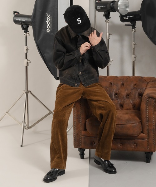 perushu ブラウン デニム風ジャケット 刺繍ロゴ付き PANTS