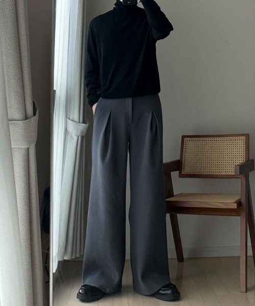 CALLNE】Knit Melton Fleece Boxtuck Wide Straight Pants