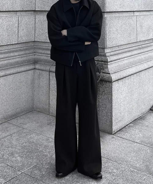 CALLNE】Knit Melton Fleece Boxtuck Wide Straight Pants