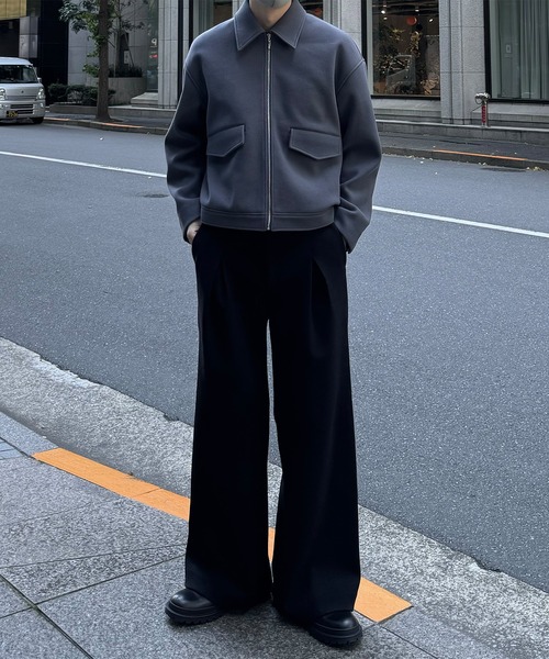 CALLNE】Knit Melton Fleece Boxtuck Wide Straight Pants