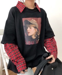 フェイクレイヤードチェック柄長袖TEE