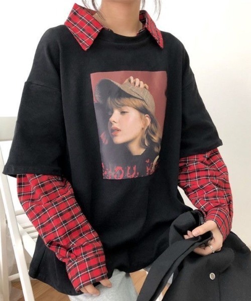 GEMEDA(ジェメダ)の「フェイクレイヤードチェック柄長袖TEE(Tシャツ/カットソー・レディース・グレー/ホワイト/ブラック・M)」の3枚目の写真