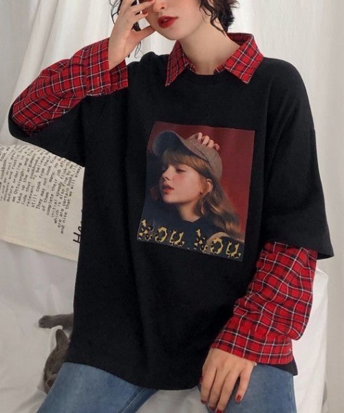 GEMEDA(ジェメダ)の「フェイクレイヤードチェック柄長袖TEE(Tシャツ/カットソー・レディース・グレー/ホワイト/ブラック・M)」の4枚目の写真