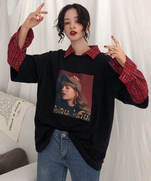 GEMEDA(ジェメダ)の「フェイクレイヤードチェック柄長袖TEE(Tシャツ/カットソー・レディース・グレー/ホワイト/ブラック・M)」の5枚目の写真