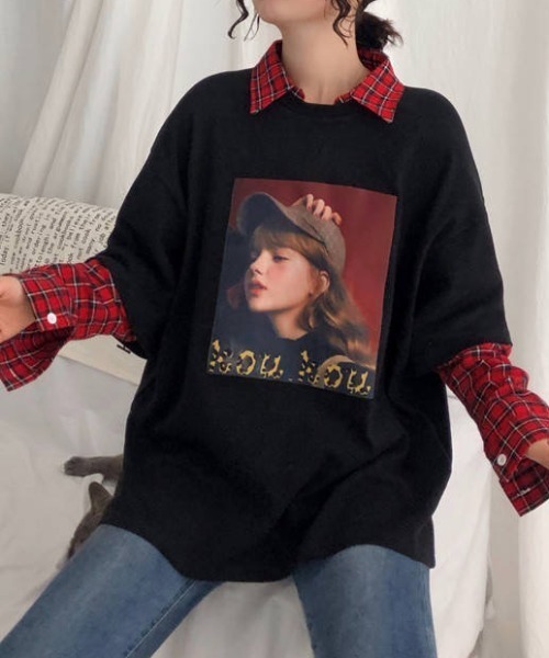 GEMEDA(ジェメダ)の「フェイクレイヤードチェック柄長袖TEE(Tシャツ/カットソー・レディース・グレー/ホワイト/ブラック・M)」の6枚目の写真