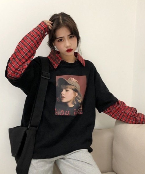 GEMEDA(ジェメダ)の「フェイクレイヤードチェック柄長袖TEE(Tシャツ/カットソー・レディース・グレー/ホワイト/ブラック・M)」の7枚目の写真