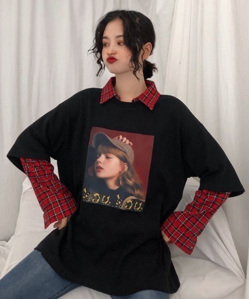 GEMEDA(ジェメダ)の「フェイクレイヤードチェック柄長袖TEE(Tシャツ/カットソー・レディース・グレー/ホワイト/ブラック・M)」の8枚目の写真