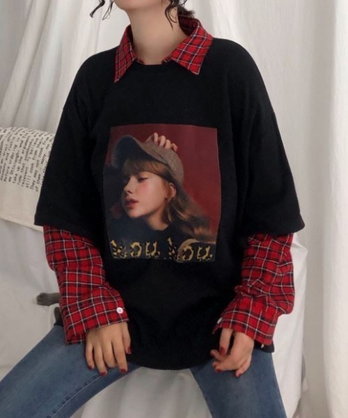 GEMEDA(ジェメダ)の「フェイクレイヤードチェック柄長袖TEE(Tシャツ/カットソー・レディース・グレー/ホワイト/ブラック・M)」の11枚目の写真