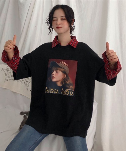 GEMEDA(ジェメダ)の「フェイクレイヤードチェック柄長袖TEE(Tシャツ/カットソー・レディース・グレー/ホワイト/ブラック・M)」の9枚目の写真