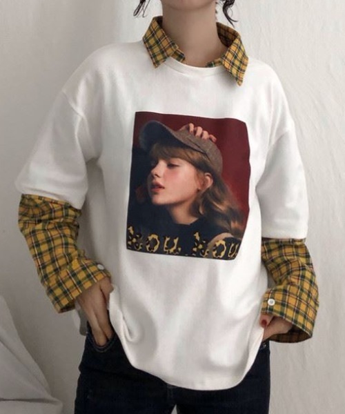 GEMEDA(ジェメダ)の「フェイクレイヤードチェック柄長袖TEE(Tシャツ/カットソー・レディース・グレー/ホワイト/ブラック・M)」の12枚目の写真