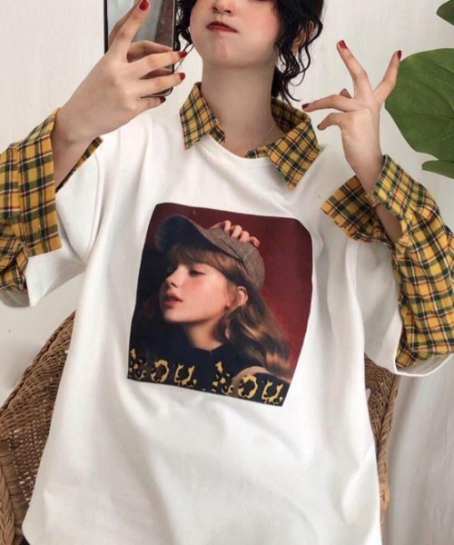 GEMEDA(ジェメダ)の「フェイクレイヤードチェック柄長袖TEE(Tシャツ/カットソー・レディース・グレー/ホワイト/ブラック・M)」の15枚目の写真