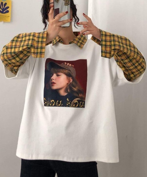 GEMEDA(ジェメダ)の「フェイクレイヤードチェック柄長袖TEE(Tシャツ/カットソー・レディース・グレー/ホワイト/ブラック・M)」の13枚目の写真