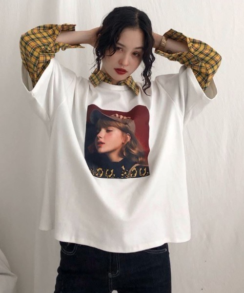 GEMEDA(ジェメダ)の「フェイクレイヤードチェック柄長袖TEE(Tシャツ/カットソー・レディース・グレー/ホワイト/ブラック・M)」の14枚目の写真