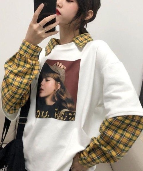 GEMEDA(ジェメダ)の「フェイクレイヤードチェック柄長袖TEE(Tシャツ/カットソー・レディース・グレー/ホワイト/ブラック・M)」の16枚目の写真