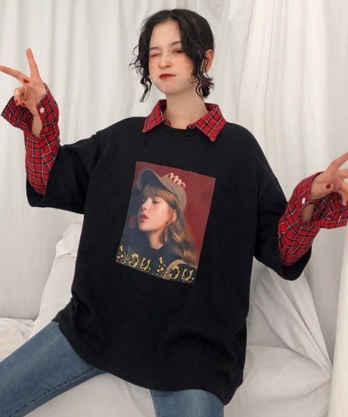 GEMEDA(ジェメダ)の「フェイクレイヤードチェック柄長袖TEE(Tシャツ/カットソー・レディース・グレー/ホワイト/ブラック・M)」の10枚目の写真