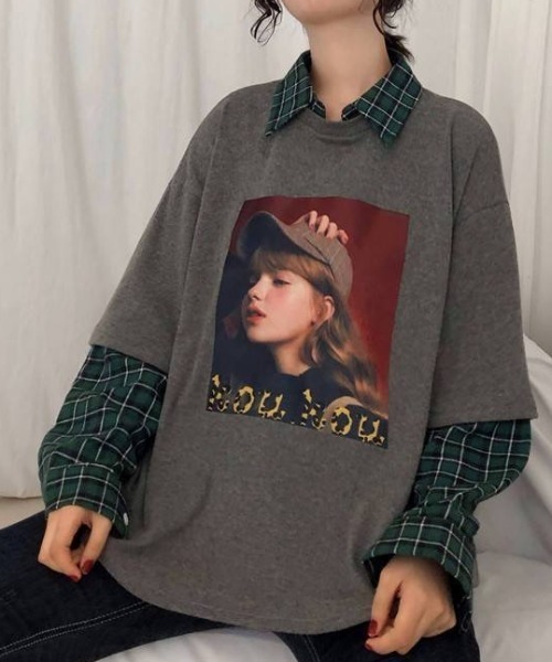 GEMEDA(ジェメダ)の「フェイクレイヤードチェック柄長袖TEE(Tシャツ/カットソー・レディース・グレー/ホワイト/ブラック・M)」の17枚目の写真