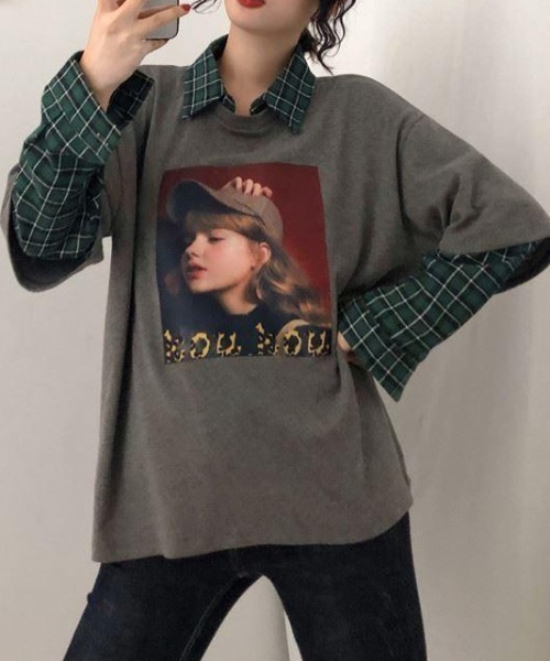 GEMEDA(ジェメダ)の「フェイクレイヤードチェック柄長袖TEE(Tシャツ/カットソー・レディース・グレー/ホワイト/ブラック・M)」の18枚目の写真