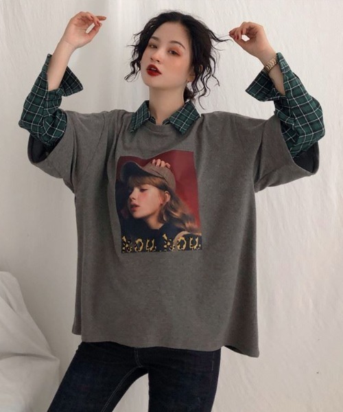 GEMEDA(ジェメダ)の「フェイクレイヤードチェック柄長袖TEE(Tシャツ/カットソー・レディース・グレー/ホワイト/ブラック・M)」の20枚目の写真