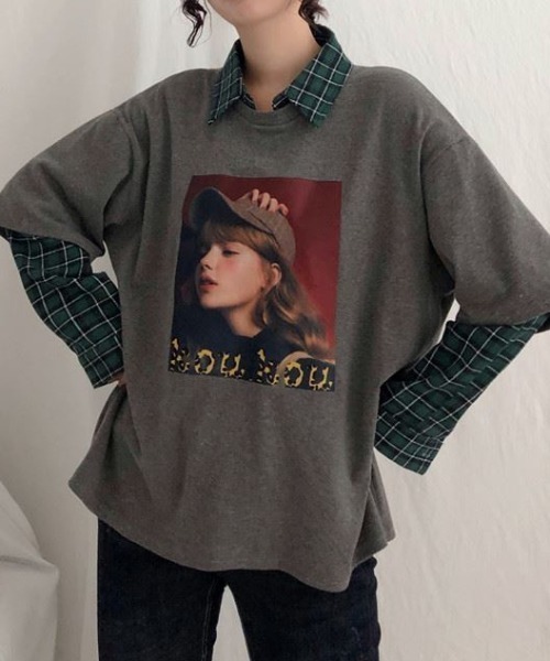 GEMEDA(ジェメダ)の「フェイクレイヤードチェック柄長袖TEE(Tシャツ/カットソー・レディース・グレー/ホワイト/ブラック・M)」の21枚目の写真