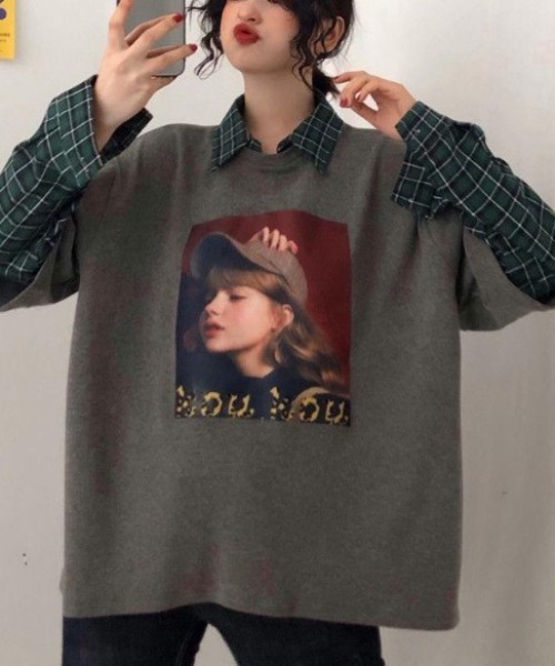 GEMEDA(ジェメダ)の「フェイクレイヤードチェック柄長袖TEE(Tシャツ/カットソー・レディース・グレー/ホワイト/ブラック・M)」の22枚目の写真