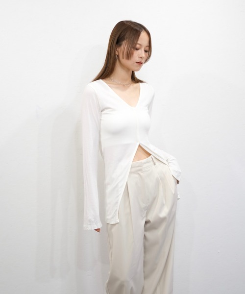 フロントスリットトップス／front slit top 長袖 クルーネック
