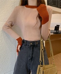 バイカラー指穴付きリブニット