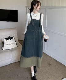 【URGE:】裾切り替え デニム サロペット スカート