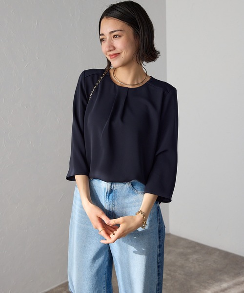 etre pret（エトレプレ）の「イージーケア フロントタック七分袖ブラウス（シャツ/ブラウス・レディース・ネイビー/ブルー/シルバーグレー/ピンクベージュ・M/L/LL/3L/S）」の8枚目の写真