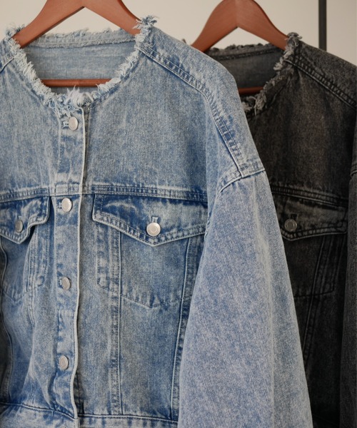 My shawty(マイシャウティー)の「cut off denim jacket(ノーカラージャケット・レディース・ライトインディゴブルー/ブラック・FREE)」の10枚目の写真