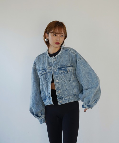 My shawty(マイシャウティー)の「cut off denim jacket(ノーカラージャケット・レディース・ライトインディゴブルー/ブラック・FREE)」の21枚目の写真