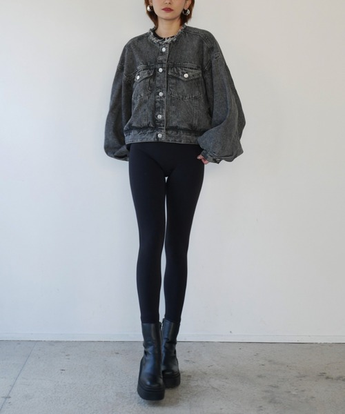 My shawty(マイシャウティー)の「cut off denim jacket(ノーカラージャケット・レディース・ライトインディゴブルー/ブラック・FREE)」の16枚目の写真