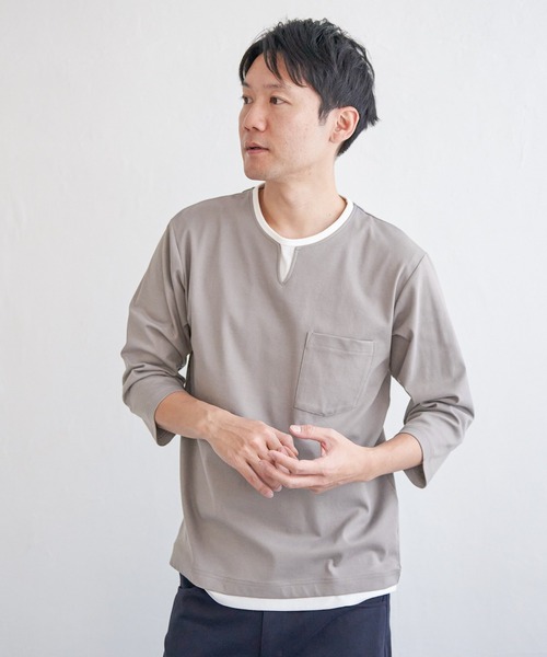 ikka(イッカ)の「【接触冷感/抗菌防臭】GOKU楽セイケツ7分袖キーネックTシャツ(Tシャツ/カットソー・メンズ・グレー/ネイビー/ホワイト・M/L/XL/S)」の5枚目の写真