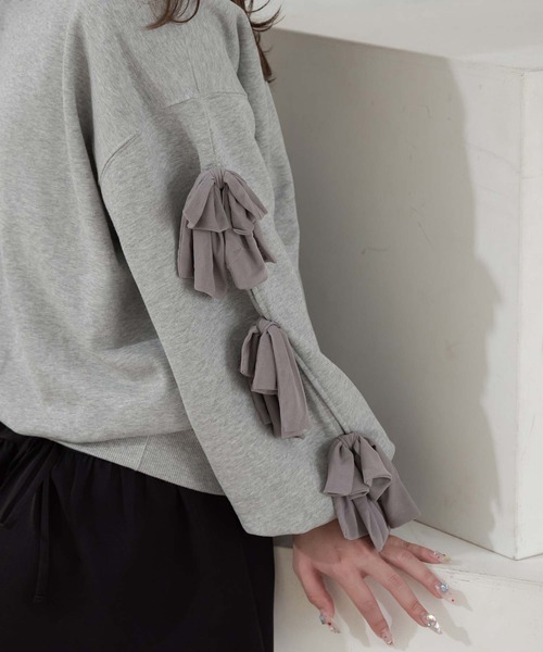 Ambre Neige（アンブルネージュ）の「tulle sleeve ribbon sweat / 袖チュールリボンスウェット（スウェット・レディース・グレー/オートミール・FREE）」の10枚目の写真