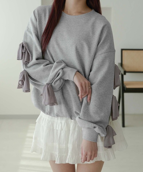 Ambre Neige（アンブルネージュ）の「tulle sleeve ribbon sweat / 袖チュールリボンスウェット（スウェット・レディース・グレー/オートミール・FREE）」の16枚目の写真