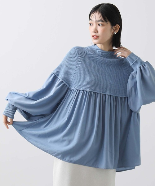 Gready Brilliant（グレディブリリアン）の「ラウンドニット切替チュニック（ニット/セーター・レディース・サックスブルー/オフホワイト・M）」の2枚目の写真