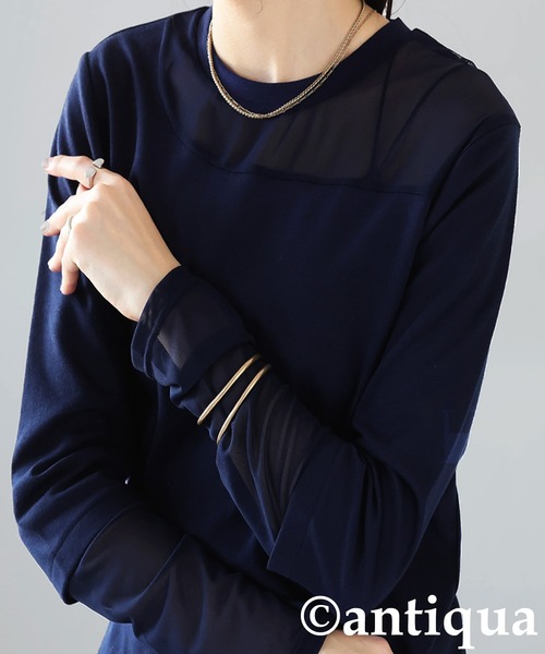 antiqua(アンティカ)の「シアー切り替え 長袖 ロンT(Tシャツ/カットソー・レディース・ブラック/ネイビー/ホワイト/ダークグレー/イエロー/オレンジ/ホワイト系その他/ライトグレー/ブルーグリーン/ブラック系その他/ブルー・P/R)」の7枚目の写真