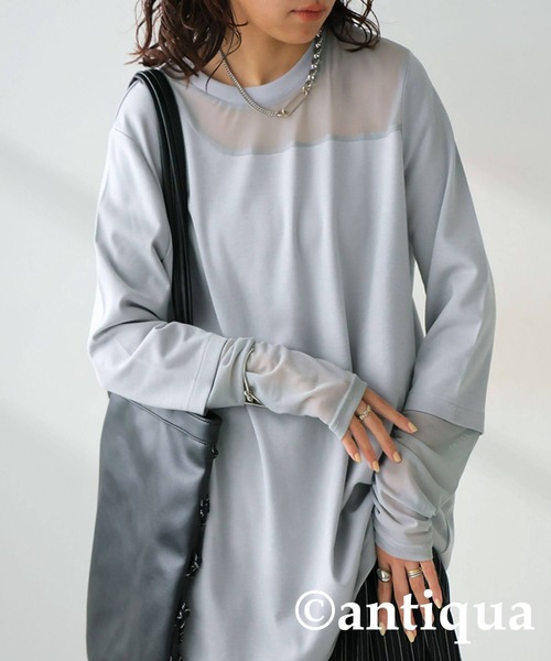 antiqua(アンティカ)の「シアー切り替え 長袖 ロンT(Tシャツ/カットソー・レディース・ブラック/ネイビー/ホワイト/ダークグレー/イエロー/オレンジ/ホワイト系その他/ライトグレー/ブルーグリーン/ブラック系その他/ブルー・P/R)」の6枚目の写真