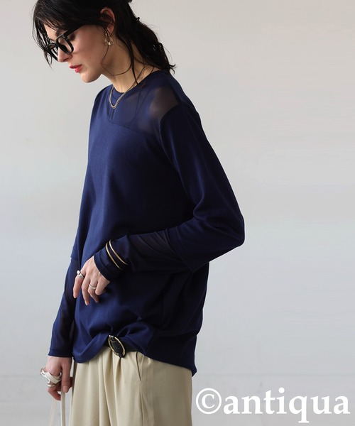 antiqua(アンティカ)の「シアー切り替え 長袖 ロンT(Tシャツ/カットソー・レディース・ブラック/ネイビー/ホワイト/ダークグレー/イエロー/オレンジ/ホワイト系その他/ライトグレー/ブルーグリーン/ブラック系その他/ブルー・P/R)」の12枚目の写真