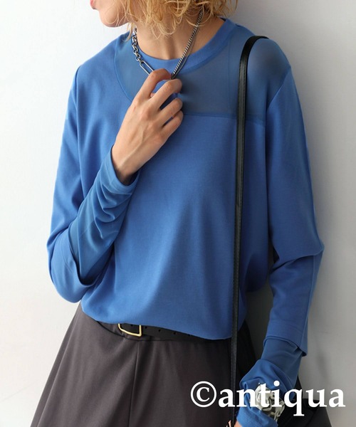 antiqua(アンティカ)の「シアー切り替え 長袖 ロンT(Tシャツ/カットソー・レディース・ブラック/ネイビー/ホワイト/ダークグレー/イエロー/オレンジ/ホワイト系その他/ライトグレー/ブルーグリーン/ブラック系その他/ブルー・P/R)」の17枚目の写真